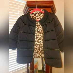Chicos Reversible Puffer Jacket Size M 3/4 sleeves Black with gold and Leppard.